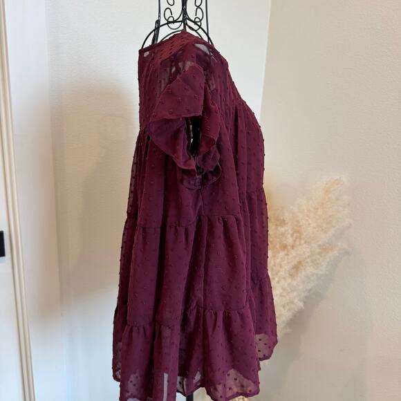 Entro Burgundy Swiss Dot Sheer Feminine Babydoll Flutter Sleeve Blouse Small - Picture 2 of 7